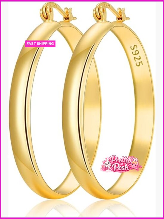 Jewelry - 14K Gold Plated/Silver Hoop Earrings, 5mm Wide, Hypoallergenic 925 Sterling